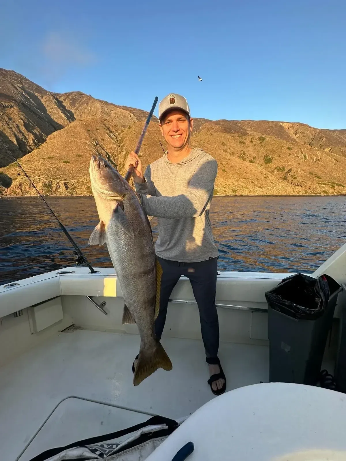 Angler with a white seabass at golden hour